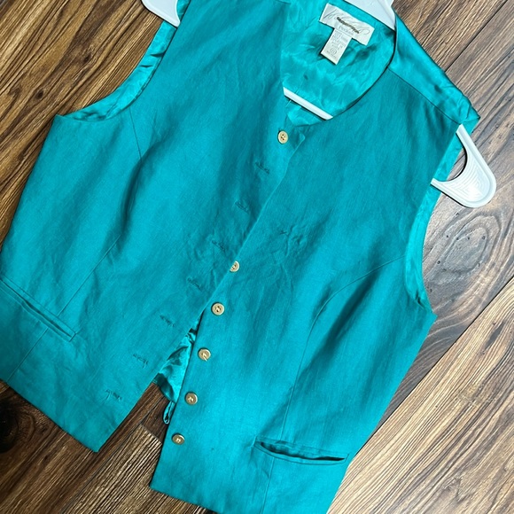 Linen turquoise vintage vest, 6 petite - Picture 1 of 6